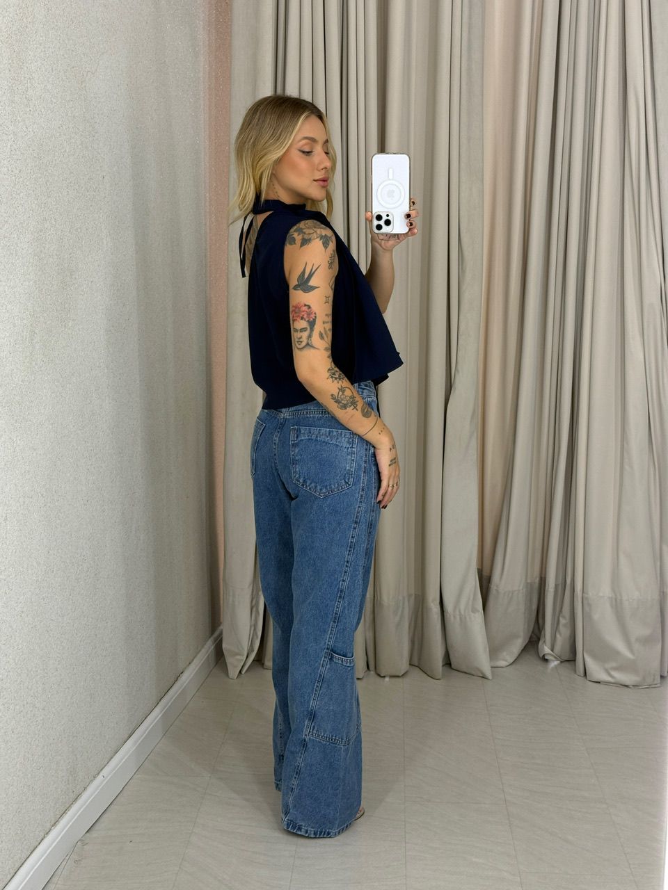 BLUSA ZOE GOLA ASSIMÉTRICA MARINHO
