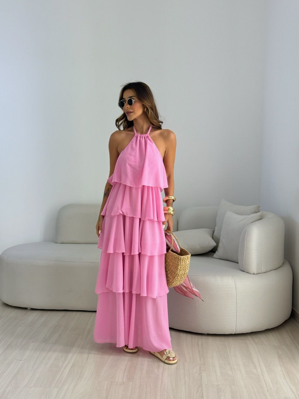 VESTIDO JANINE LONGO ROSA - 0068810031 - CAROLLA FERRARO