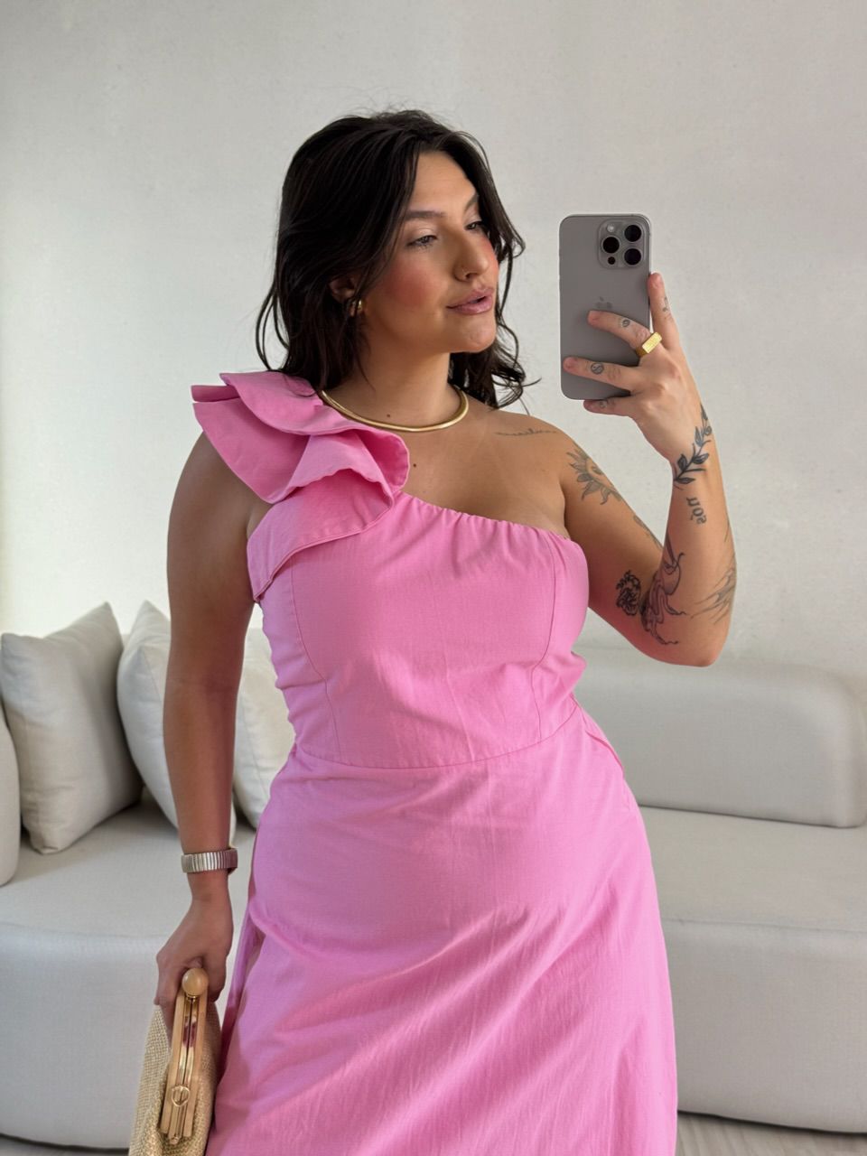 VESTIDO NULA MANGA BABADO ROSA