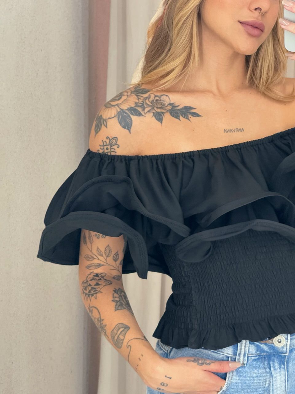 CROPPED RAISSA LASTEX PRETO