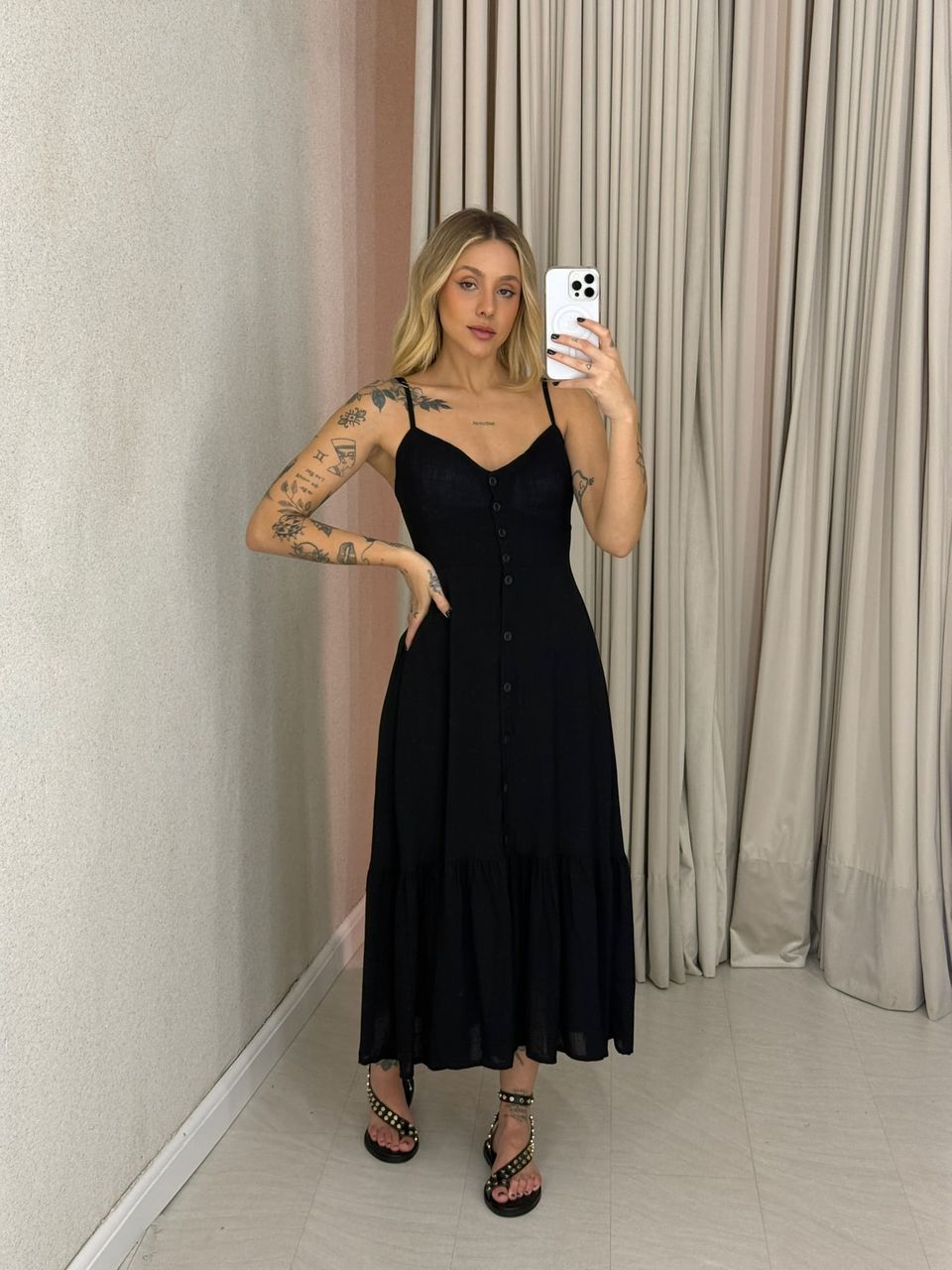 VESTIDO AMANDA ALÇA BOTÕES preto - 0063310032 - CAROLLA FERRARO