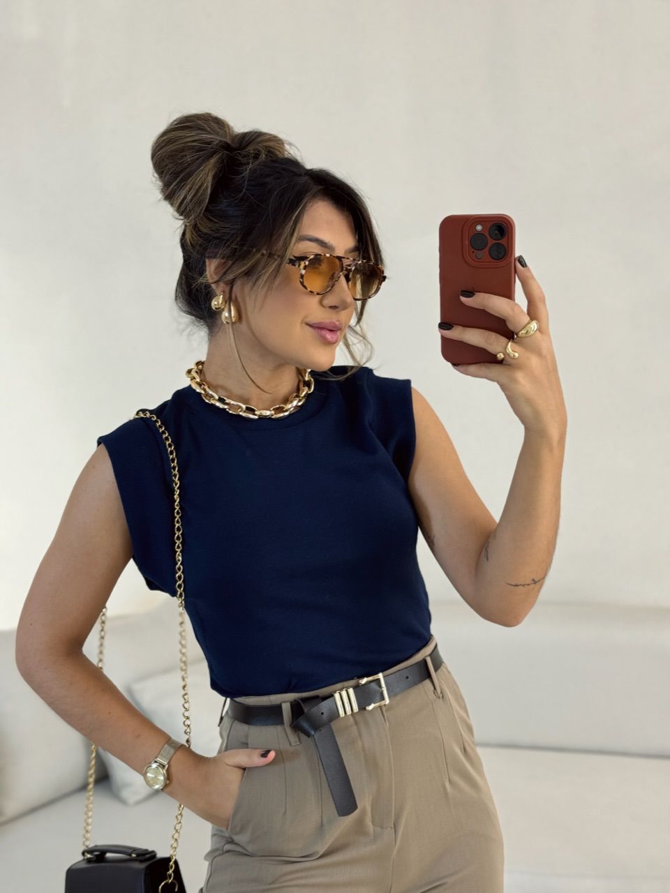 BLUSA VITÓRIA CANELADA MARINHO - 0052900055 - CAROLLA FERRARO