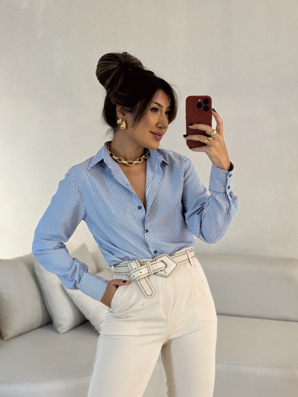 CAMISA ANA LUIZA LISTRADA AZUL - 0052920109 - CAROLLA FERRARO