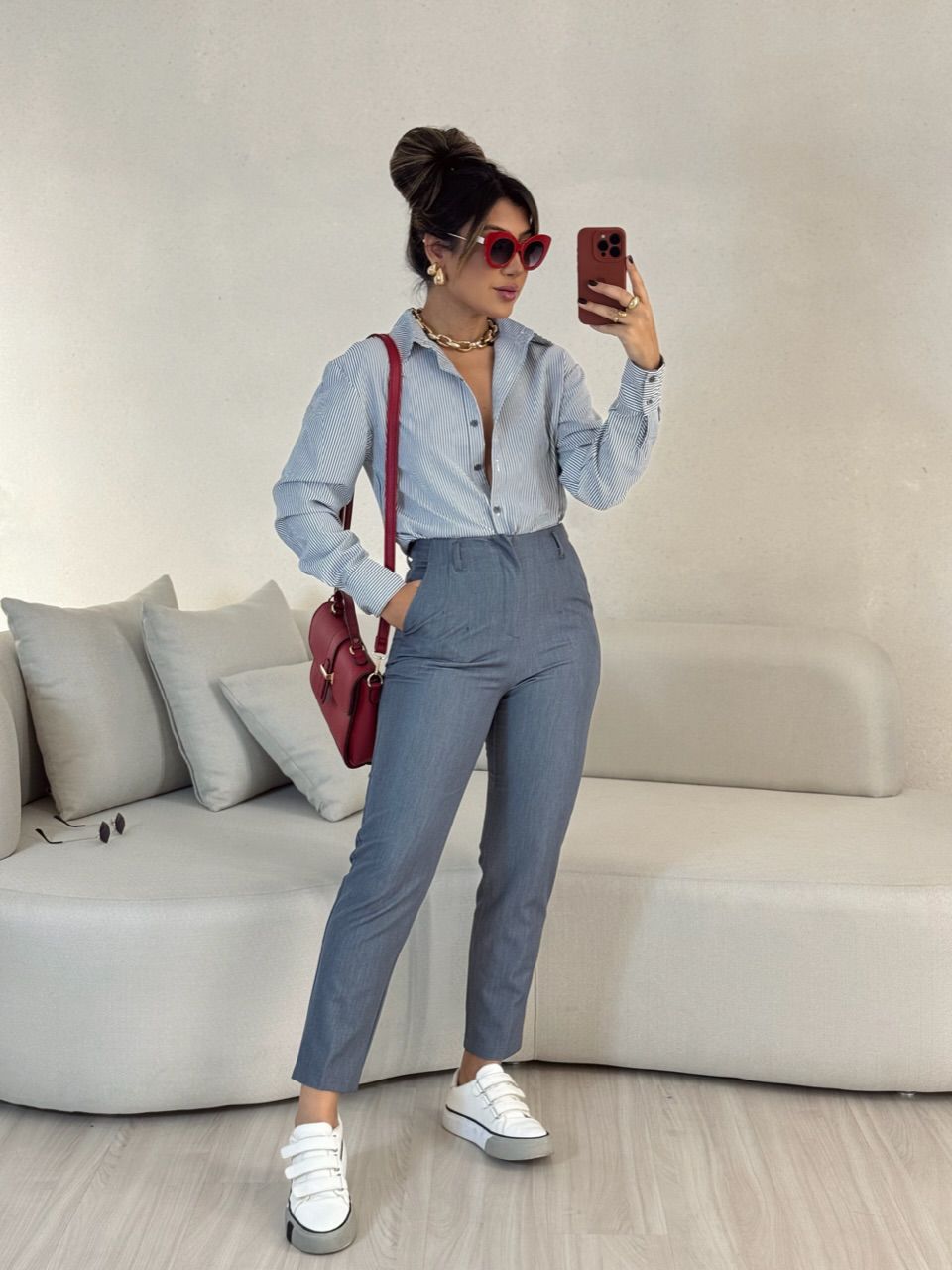 CAMISA ANA LUIZA LISTRADA CINZA