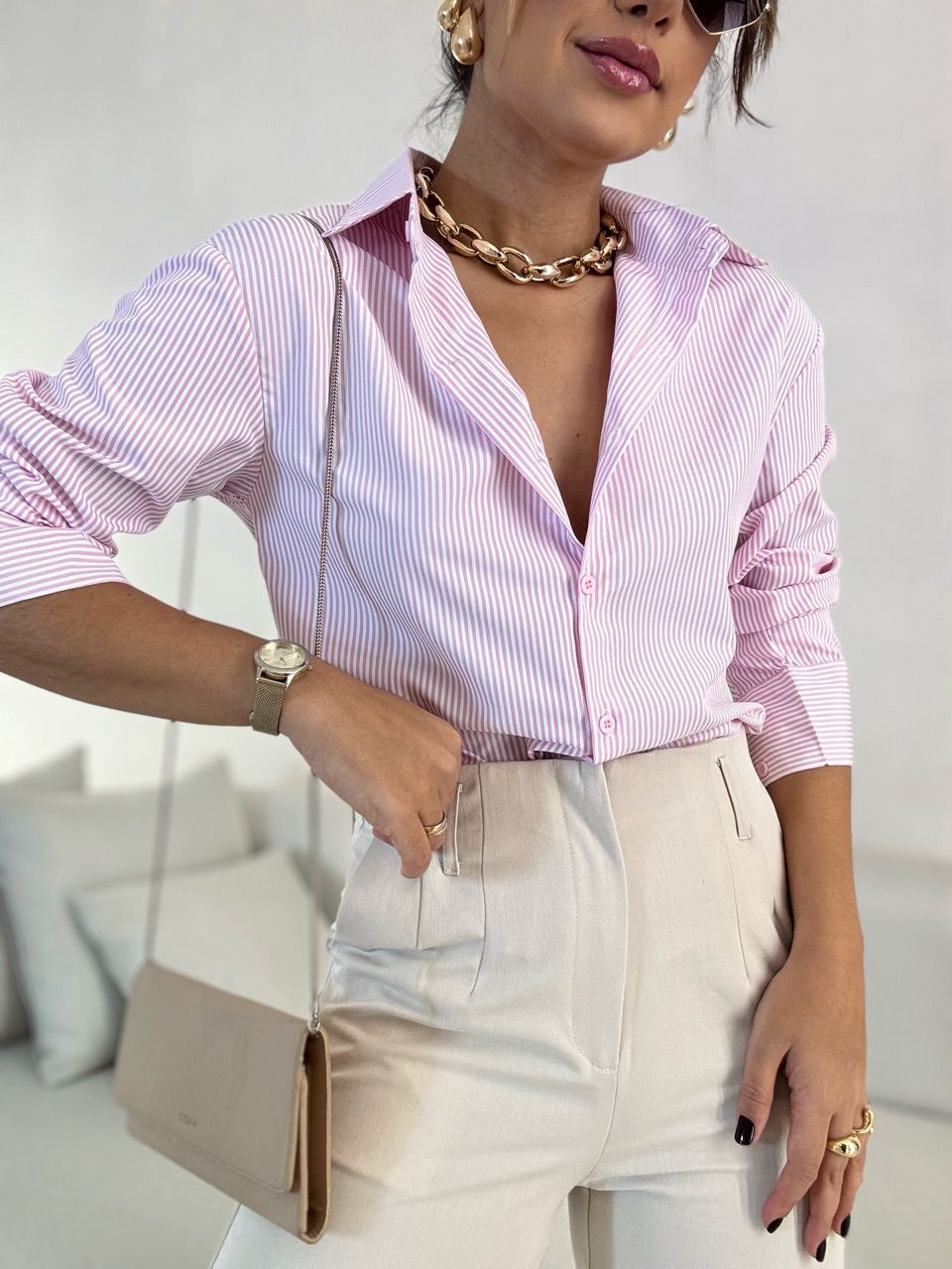 CAMISA ANA LUIZA LISTRADA ROSA