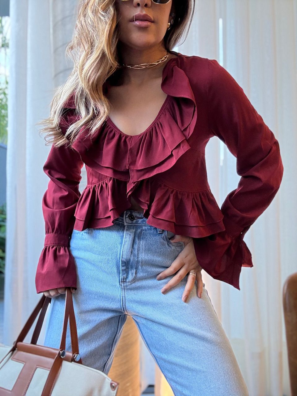 BLUSA JESSICA BABADOS VINHO - 0065660168 - CAROLLA FERRARO