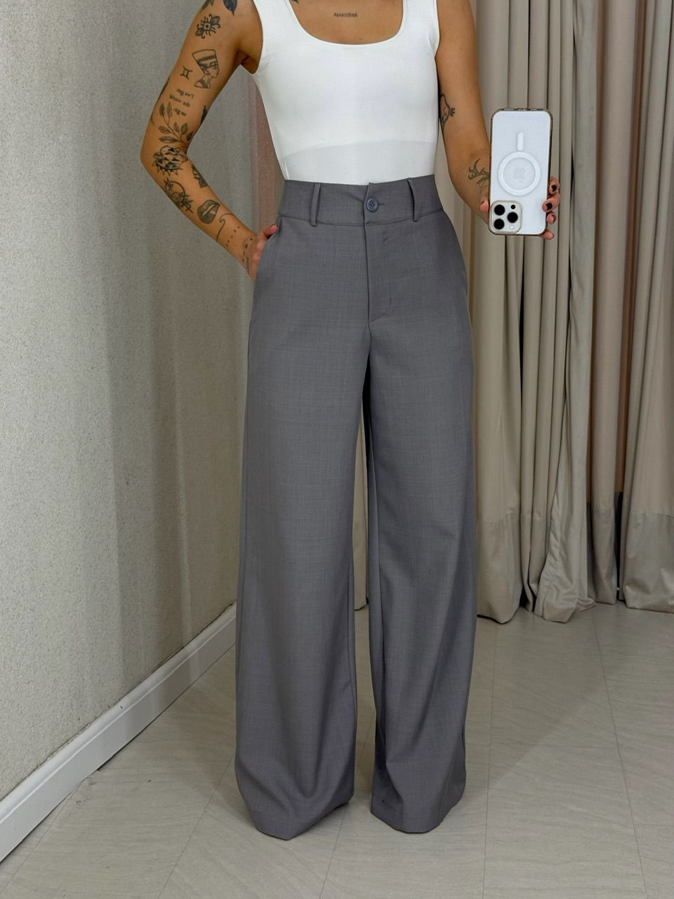 CALÇA EUNICE PANTALONA CINZA - 0065680091 - CAROLLA FERRARO