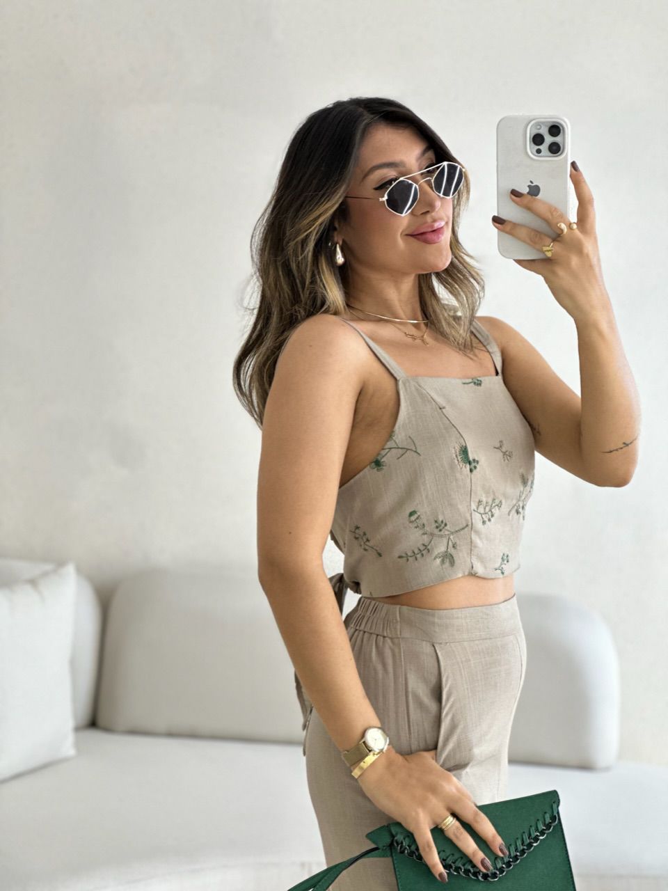 CONJUNTO FLOWERS CALÇA CAQUI