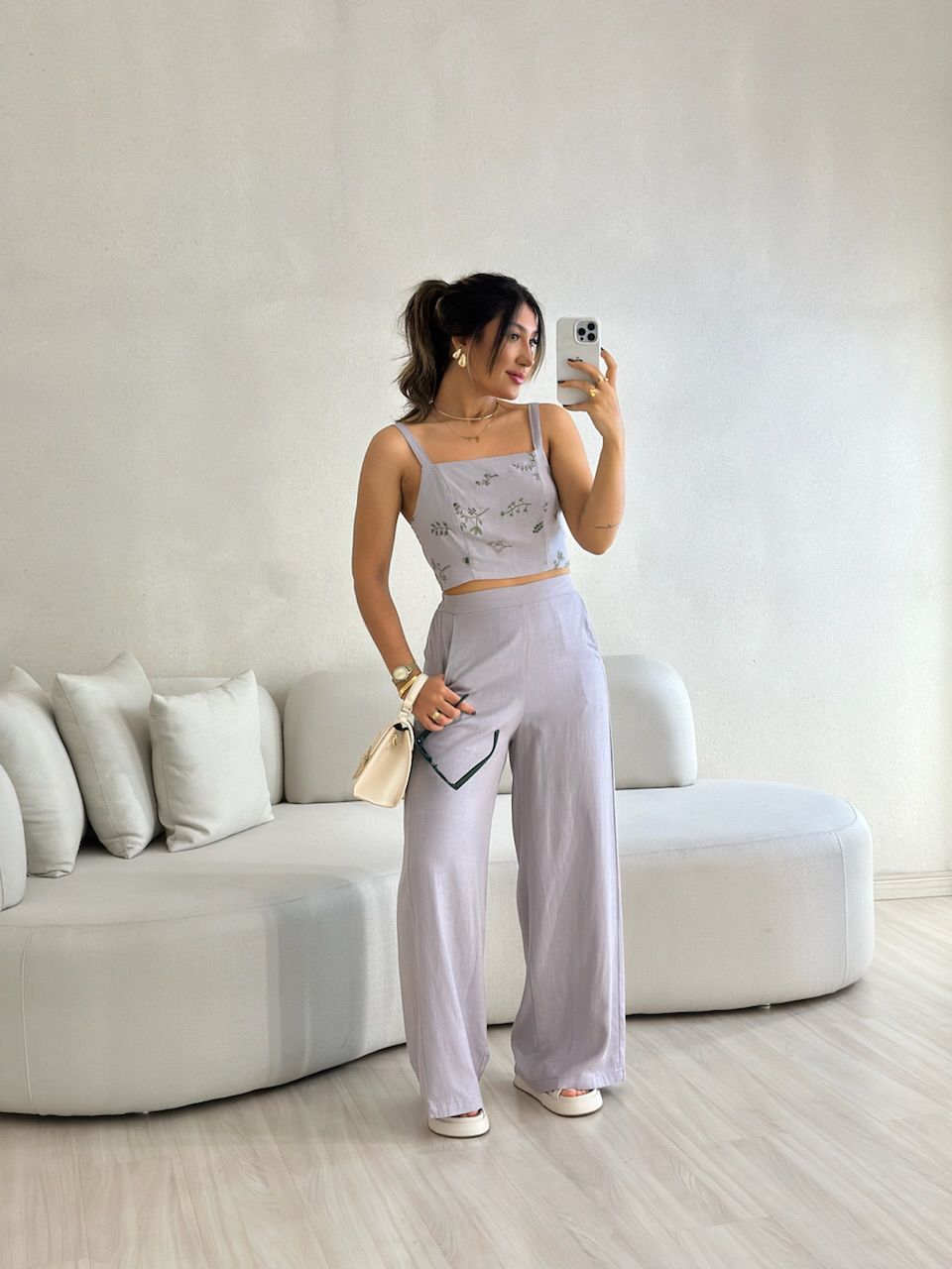 CONJUNTO FLOWERS CALÇA CINZA