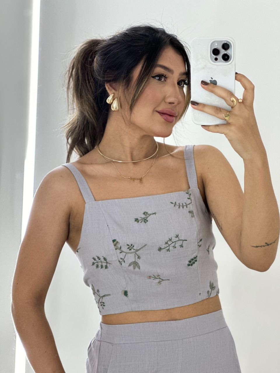 CONJUNTO FLOWERS CALÇA CINZA