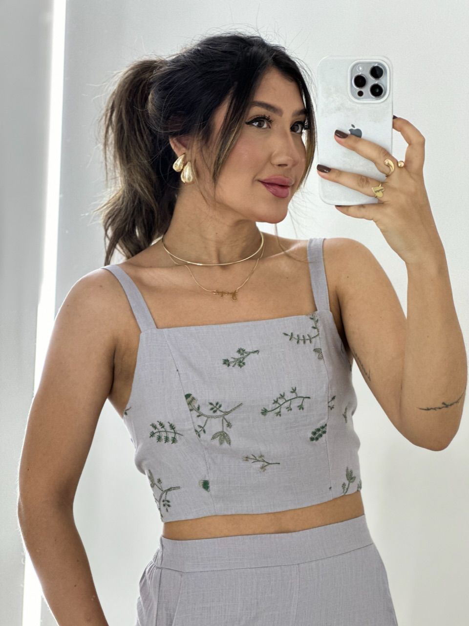 CONJUNTO FLOWERS CALÇA CINZA