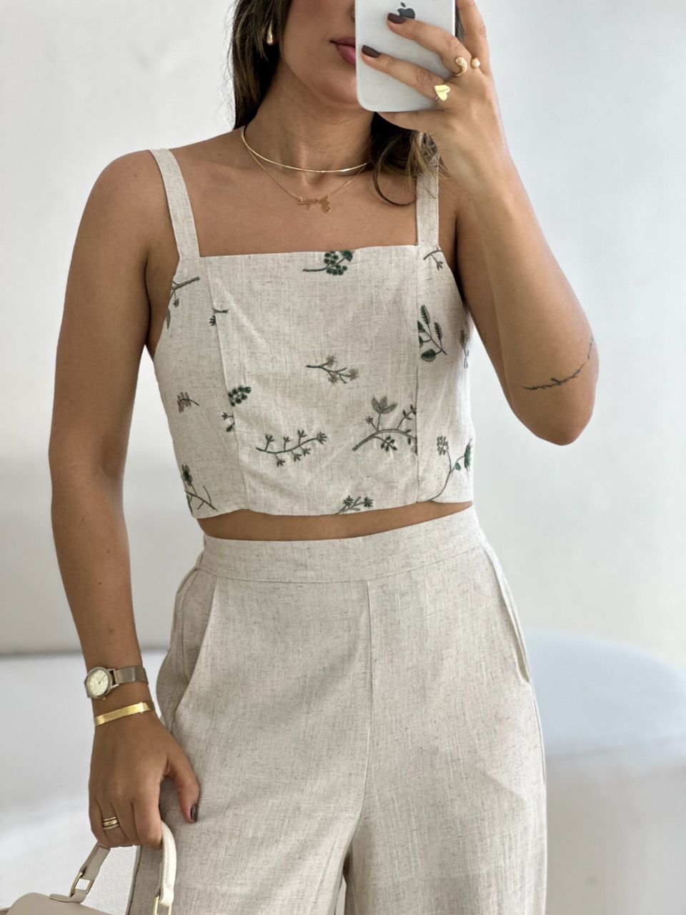 CONJUNTO FLOWERS CALÇA CRU
