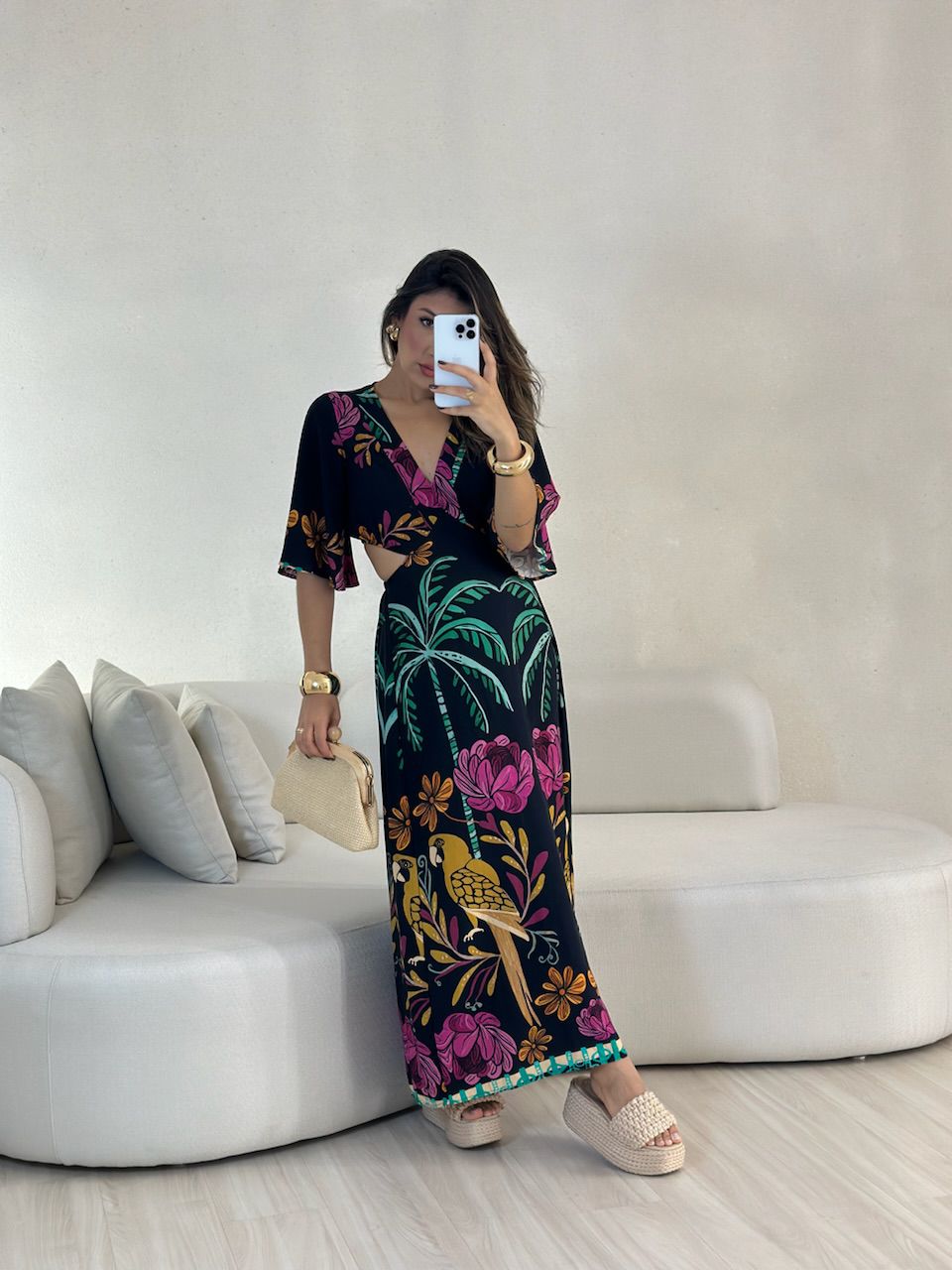 VESTIDO IPANEMA 04 MANGA PRETO ESTAMPADO - 0057220... - CAROLLA FERRARO