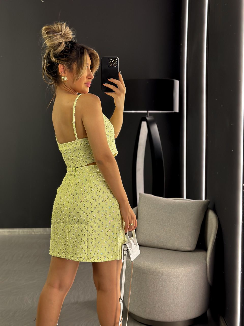 CONJUNTO MINI PAETÊ JEANS AMARELO