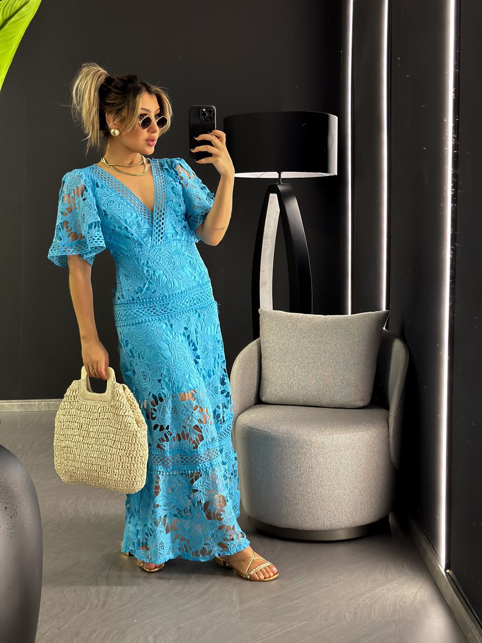 VESTIDO RENDA GUIPIR LONGO AZUL