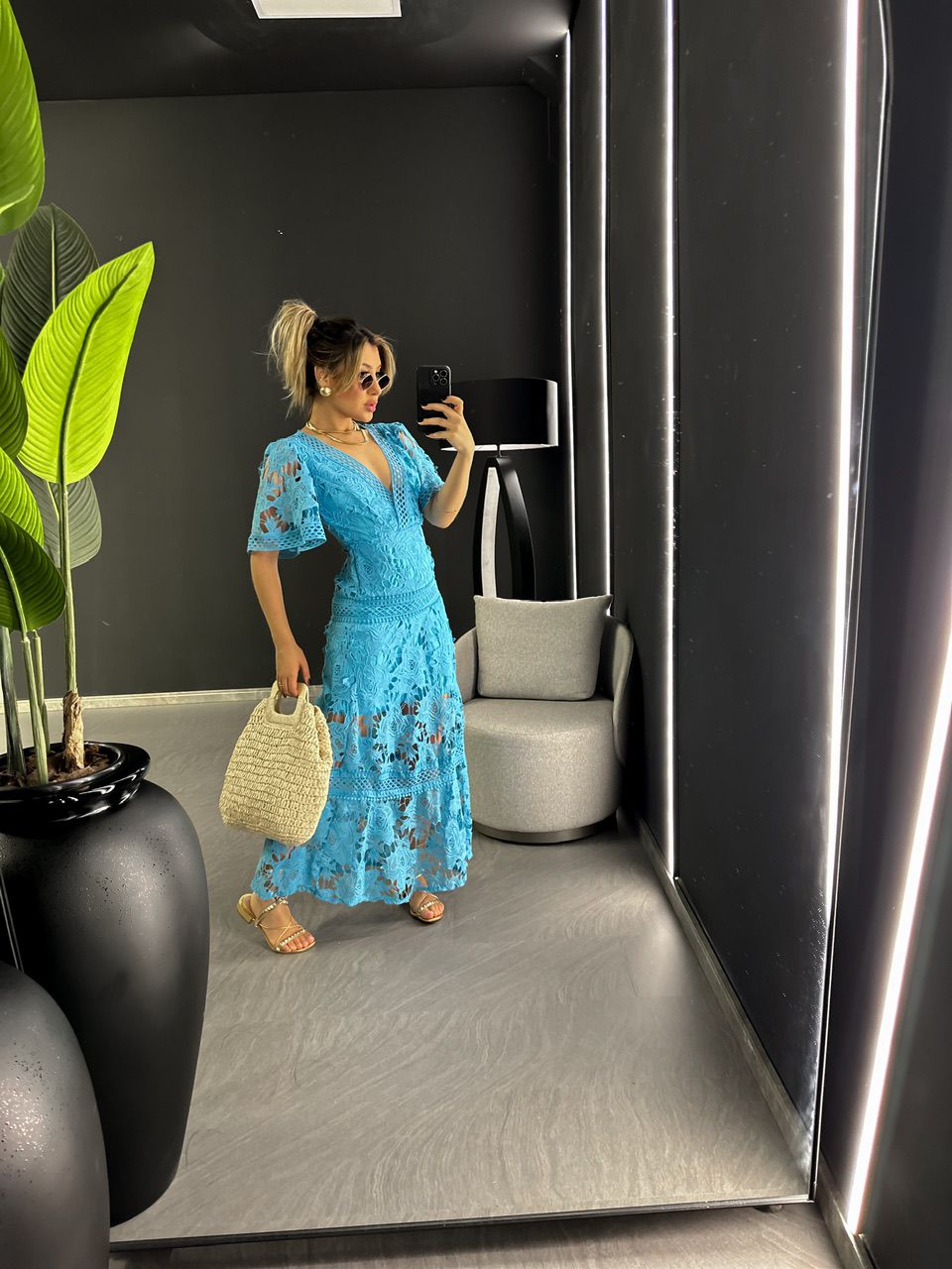 VESTIDO RENDA GUIPIR LONGO AZUL