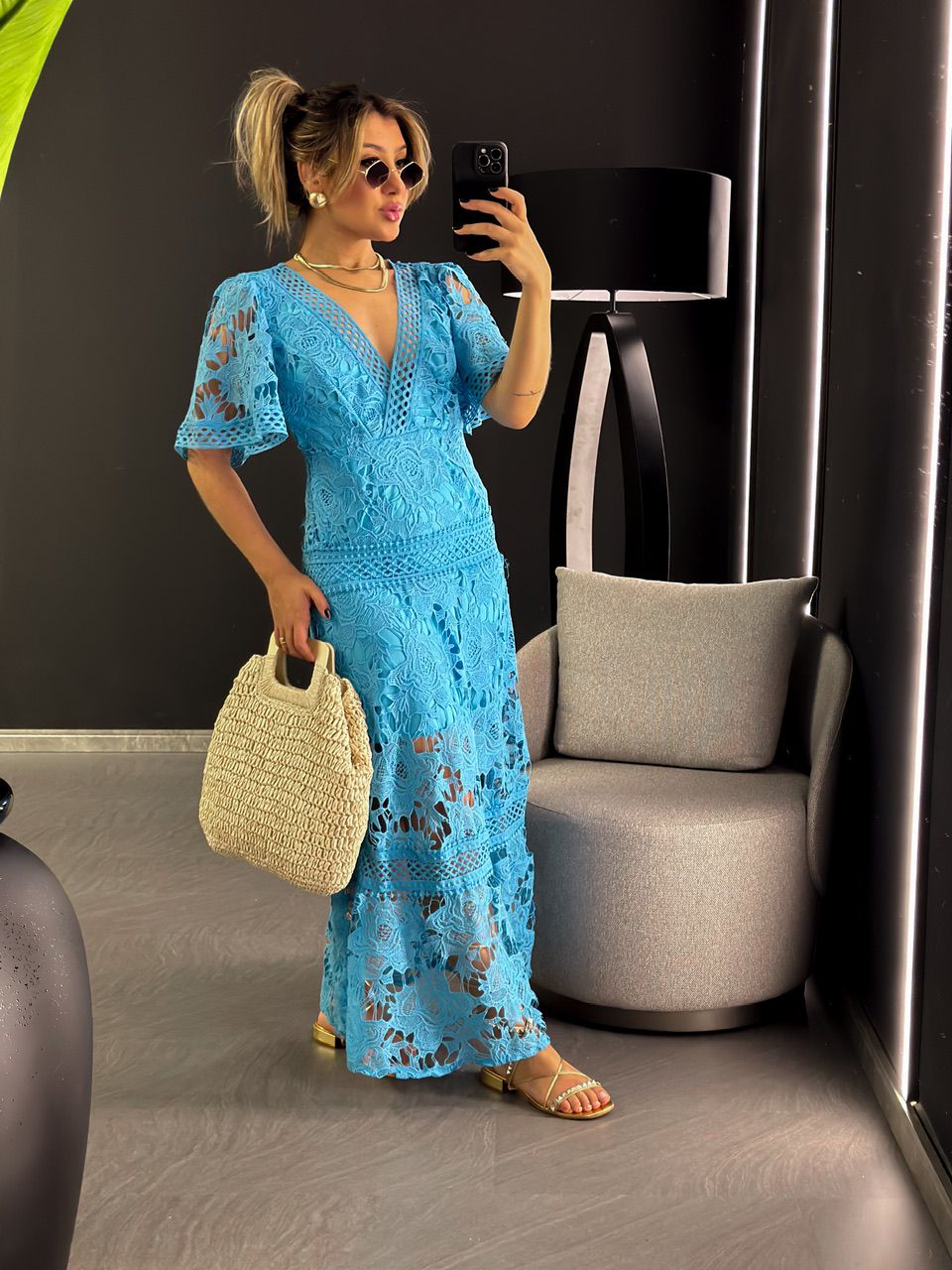 VESTIDO RENDA GUIPIR LONGO AZUL