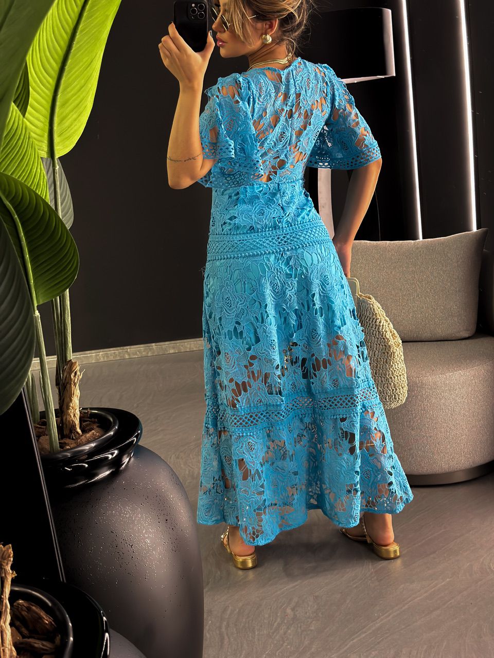 VESTIDO RENDA GUIPIR LONGO AZUL