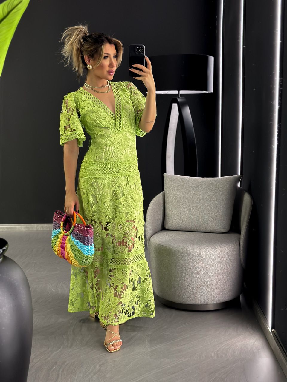 VESTIDO RENDA GUIPIR LONGO VERDE