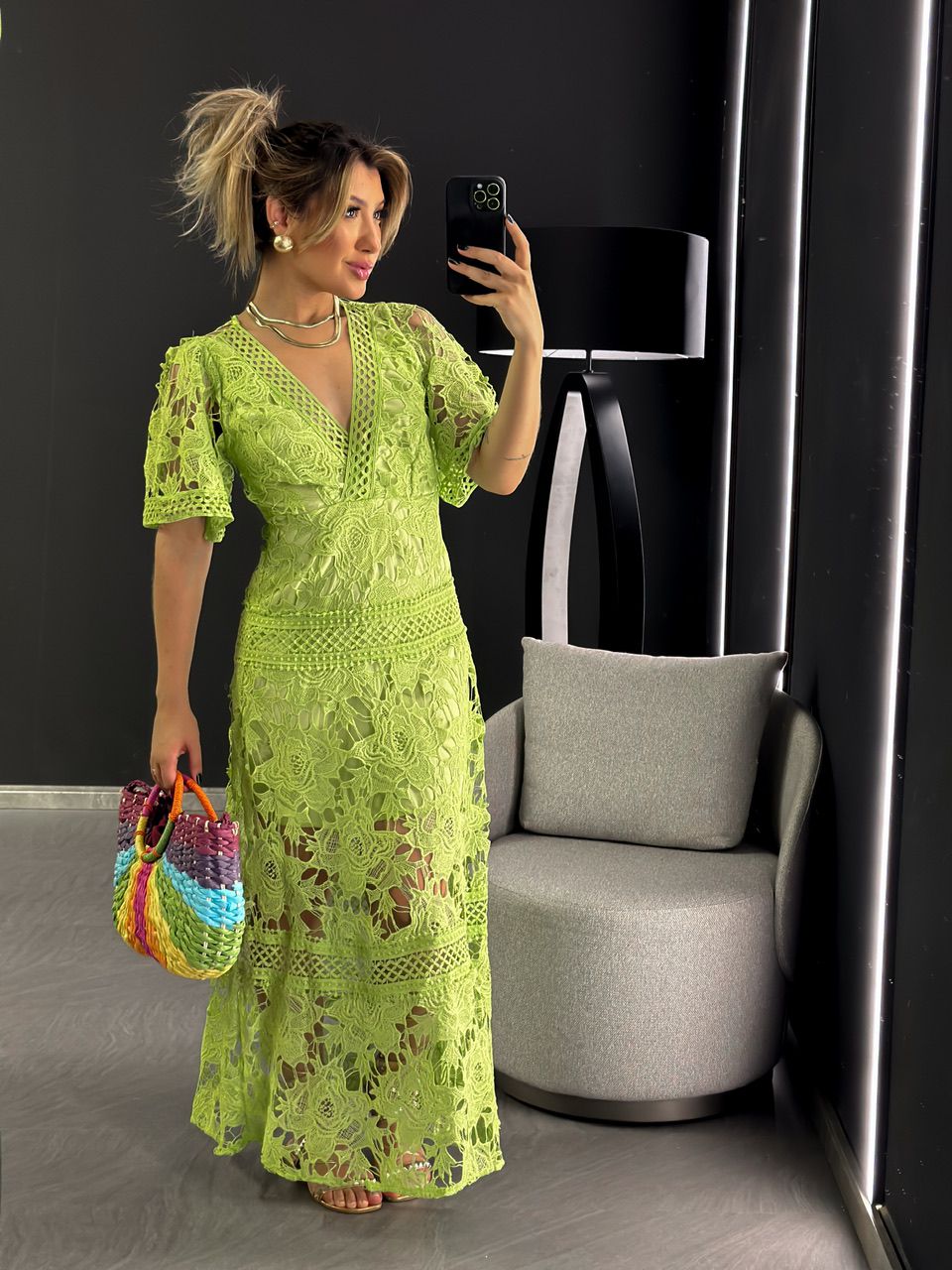 VESTIDO RENDA GUIPIR LONGO VERDE