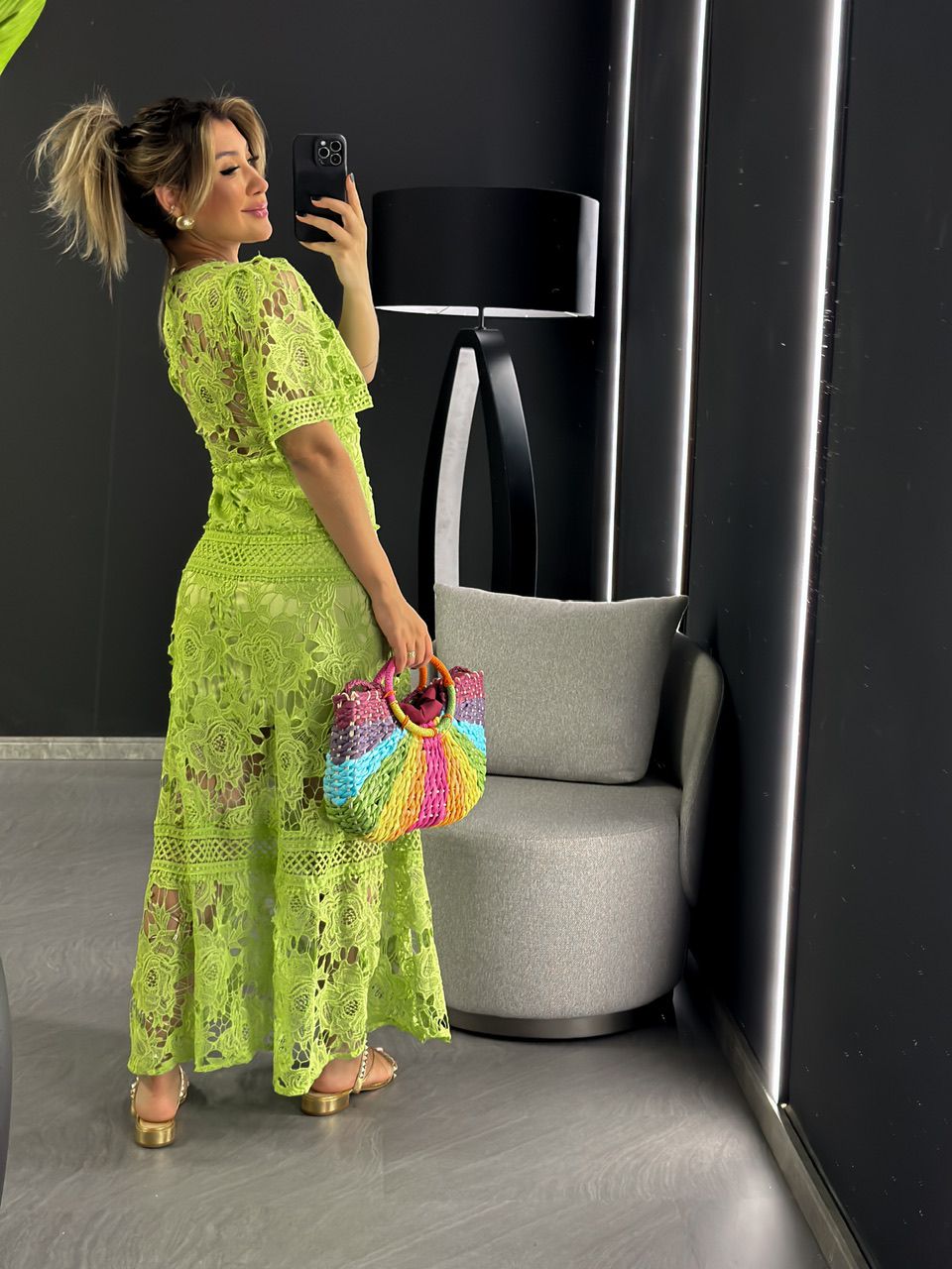 VESTIDO RENDA GUIPIR LONGO VERDE