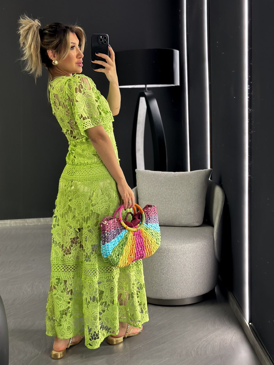 VESTIDO RENDA GUIPIR LONGO VERDE