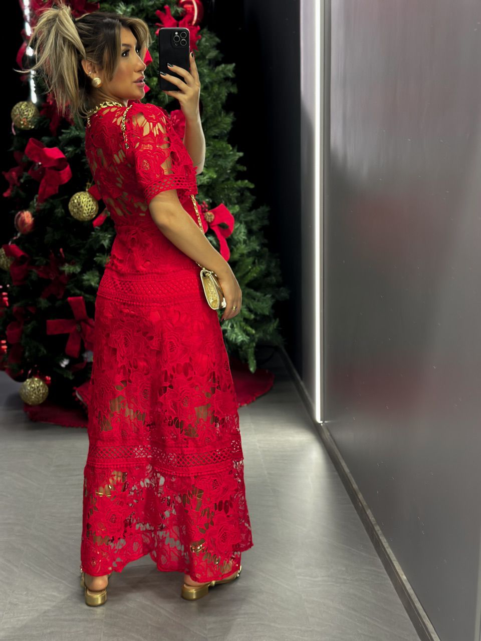 VESTIDO RENDA GUIPIR LONGO VERMELHO