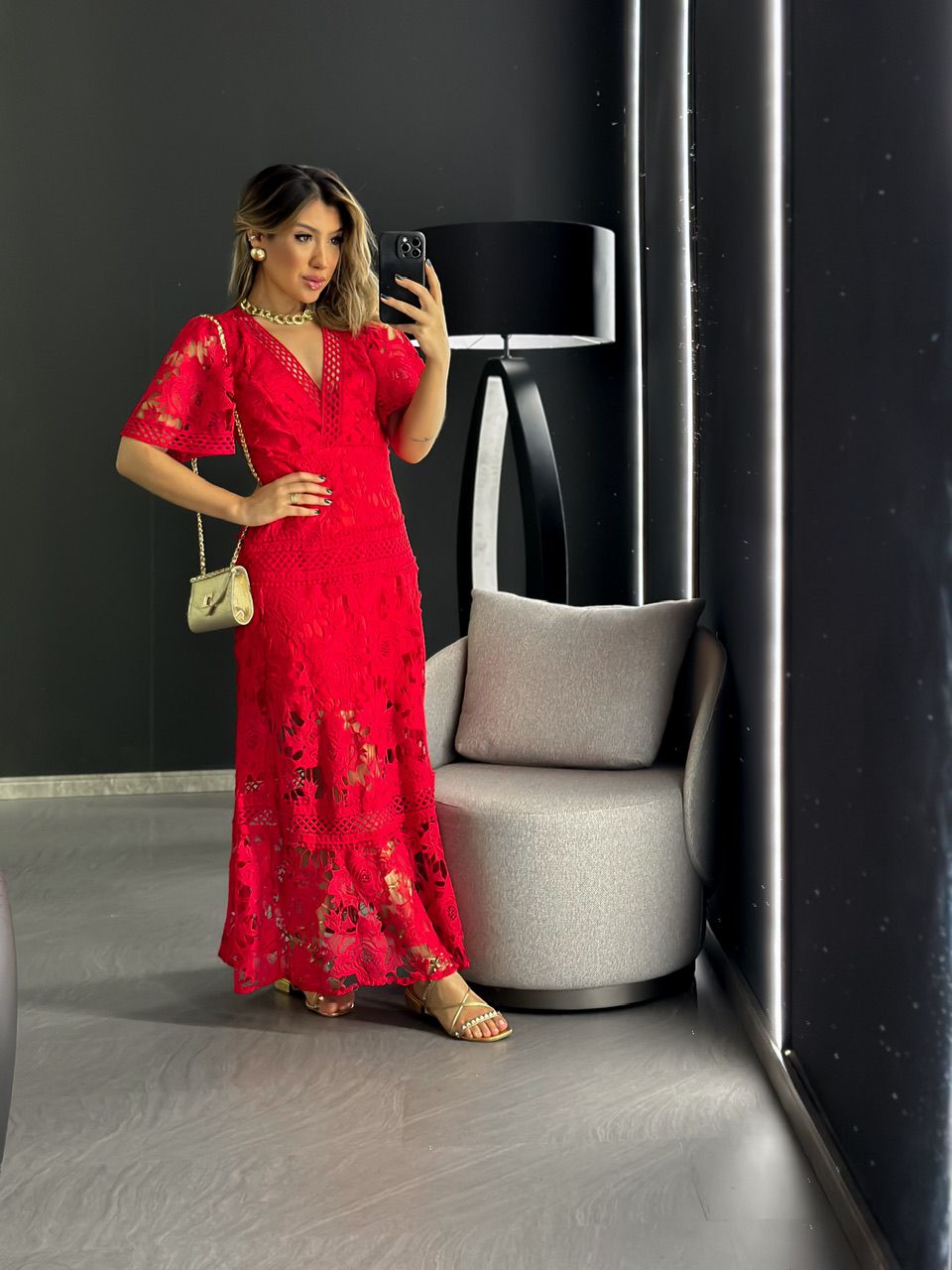 VESTIDO RENDA GUIPIR LONGO VERMELHO