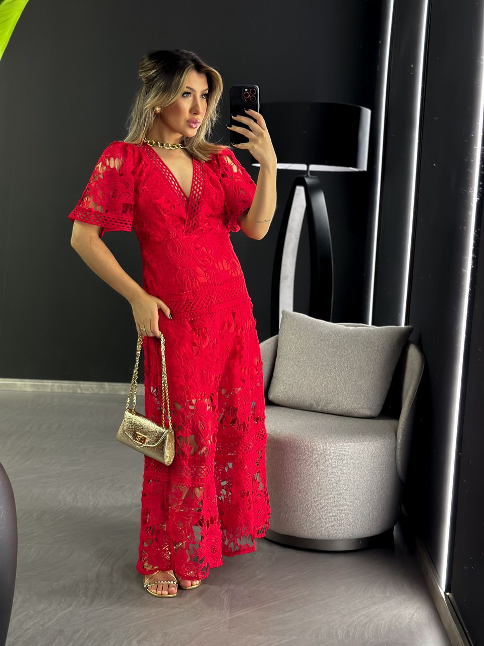 VESTIDO RENDA GUIPIR LONGO VERMELHO