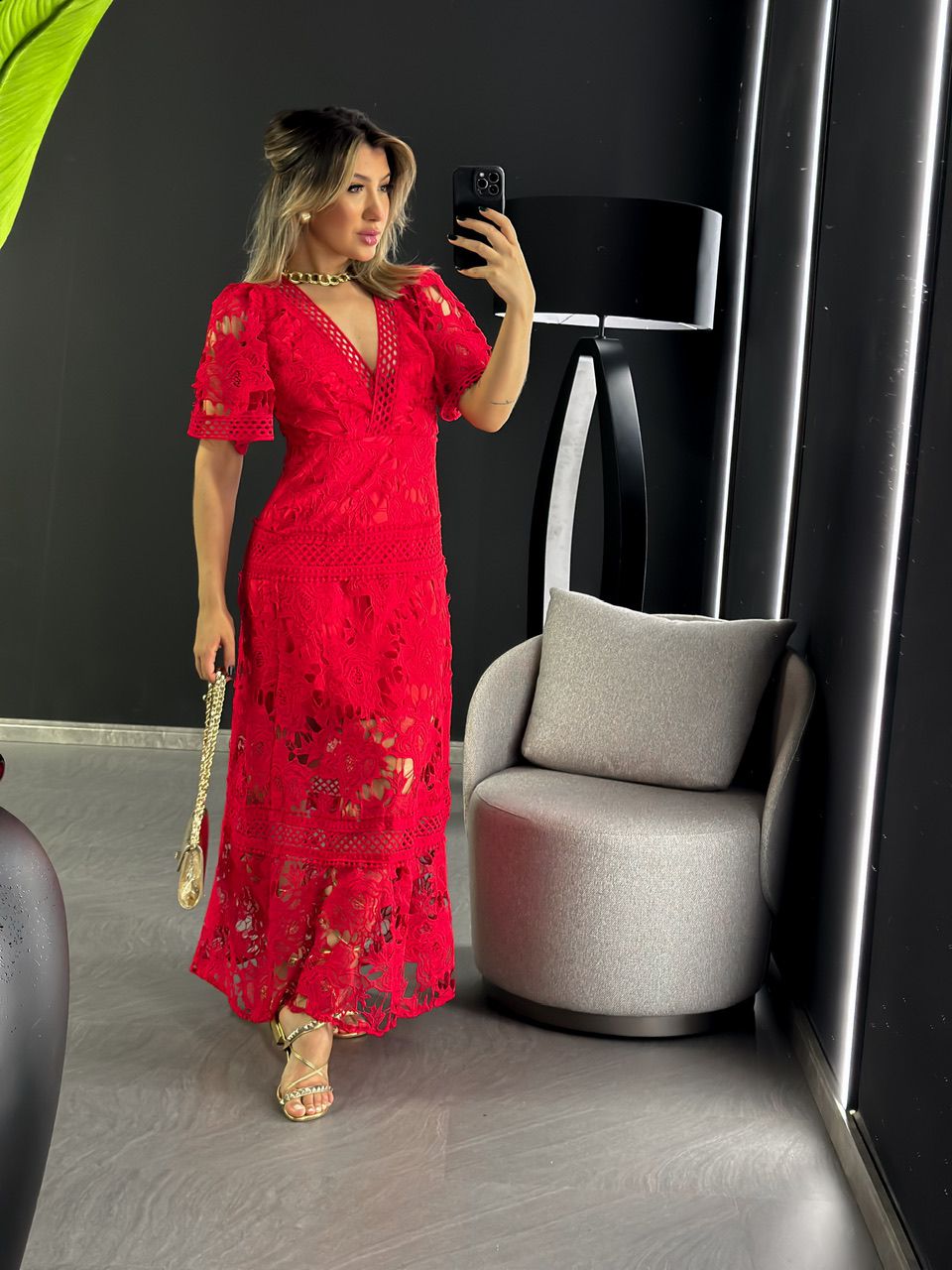 VESTIDO RENDA GUIPIR LONGO VERMELHO