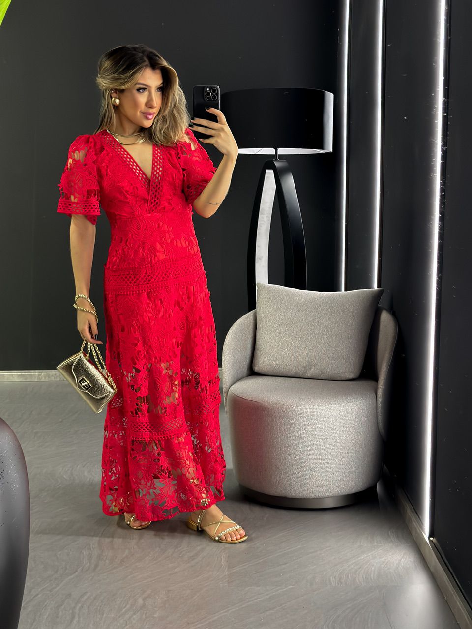 VESTIDO RENDA GUIPIR LONGO VERMELHO