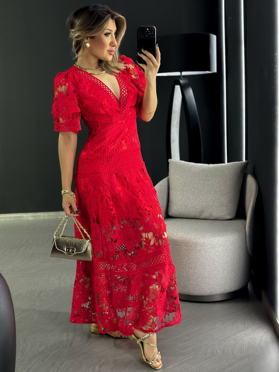 VESTIDO RENDA GUIPIR LONGO VERMELHO