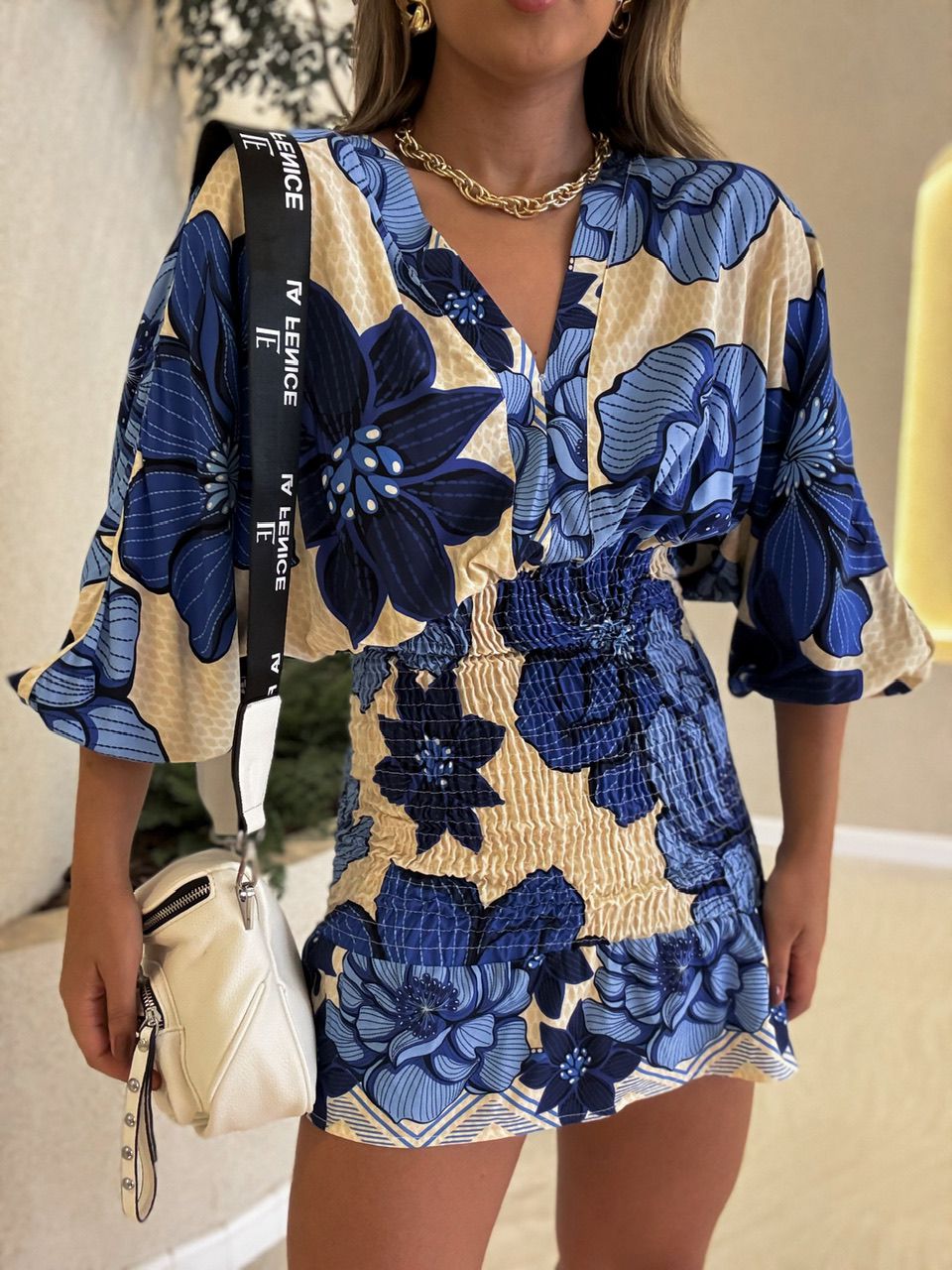 VESTIDO CLÉO LASTEX NUDE/AZUL