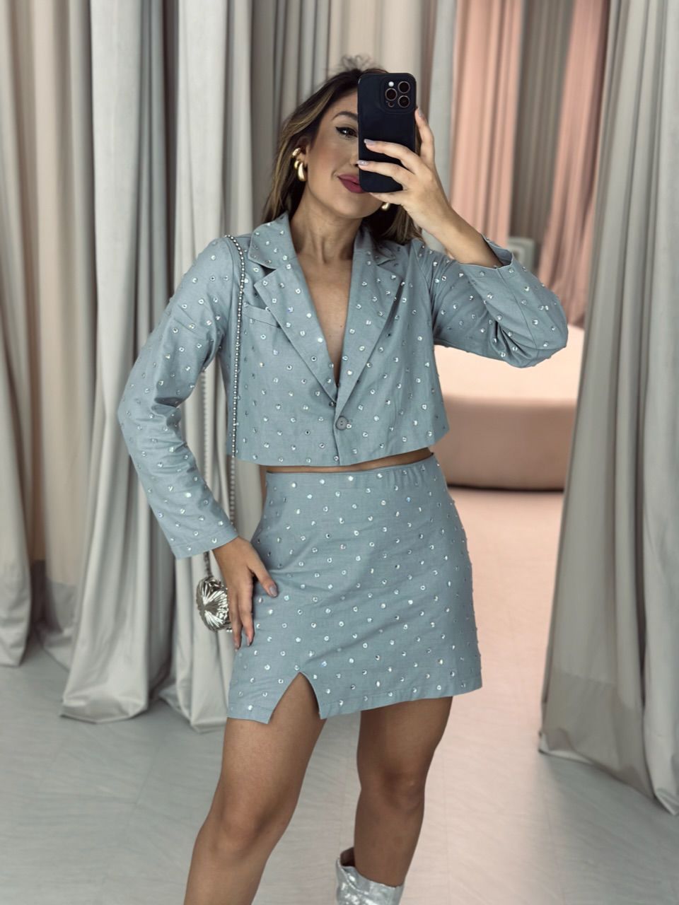 CONJUNTO BLAZER/SAIA BRILHO CINZA