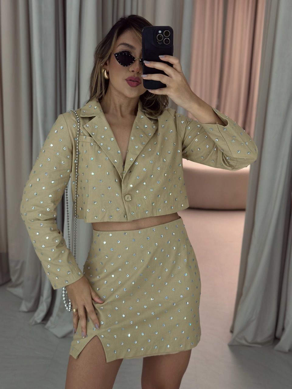 CONJUNTO BLAZER/SAIA BRILHO NUDE