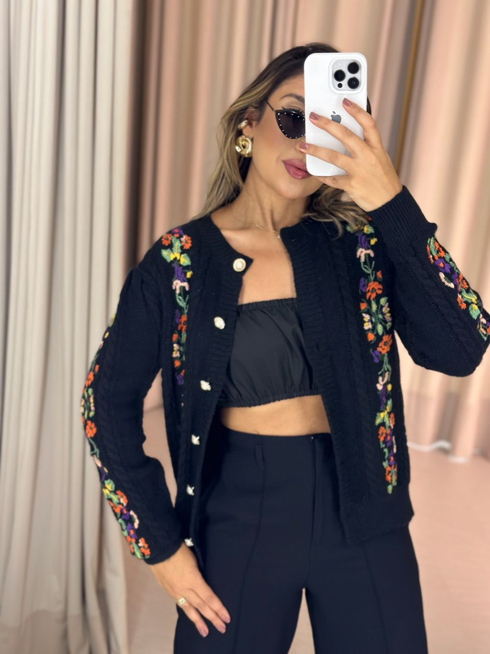 TRICOT DANIELE FLORAL PRETO