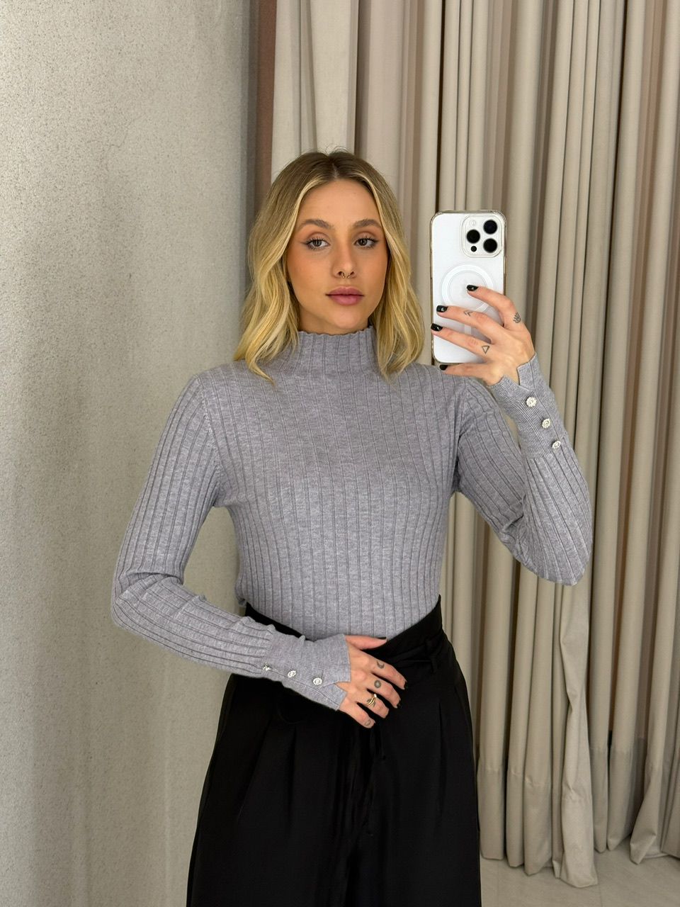 BLUSA ANA VITÓRIA TRICOT MANGA CINZA - 0063400091 - CAROLLA FERRARO