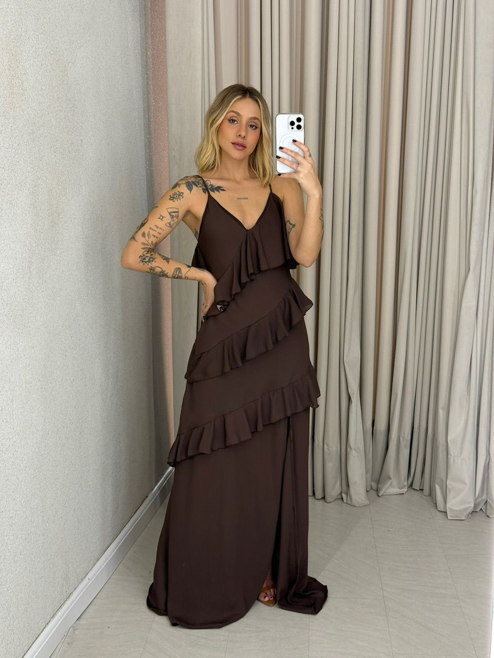 VESTIDO JAMILE LONGO MARROM - 0063360054 - CAROLLA FERRARO