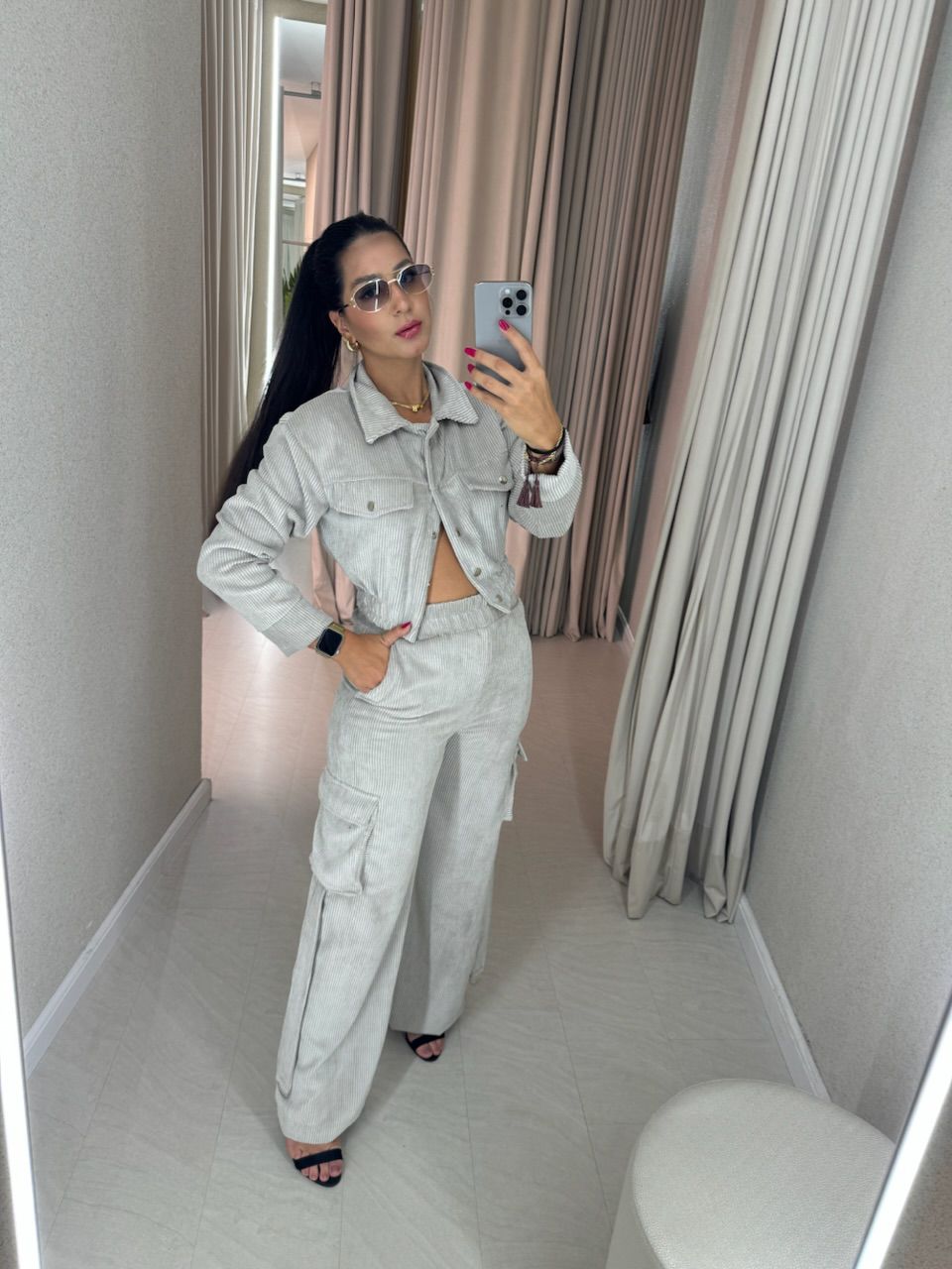 CONJUNTO CARGO COTELÊ CINZA CLARO