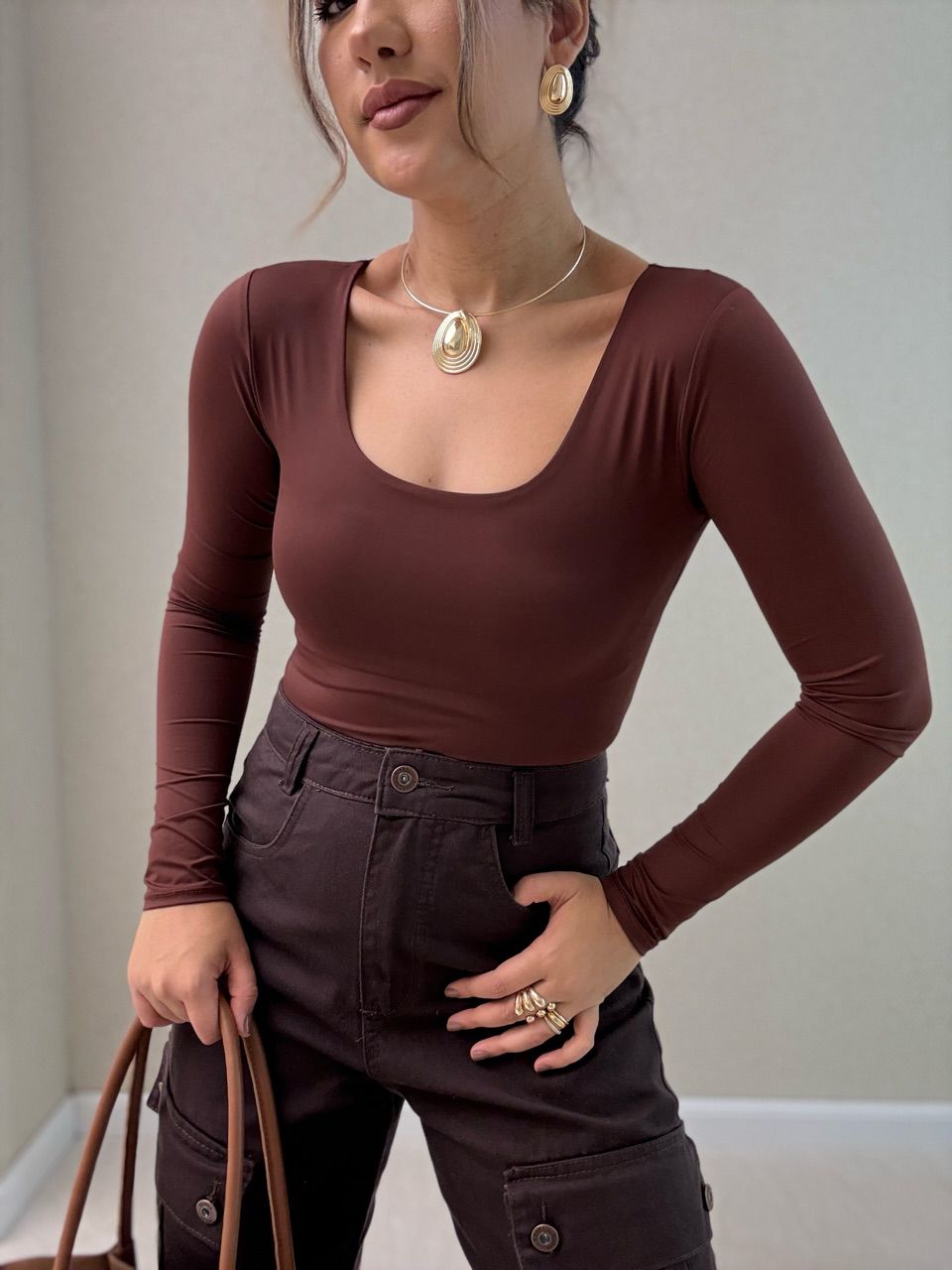 BODY GABRIELA CF MANGA LONGA MARROM - 0066390054 - CAROLLA FERRARO