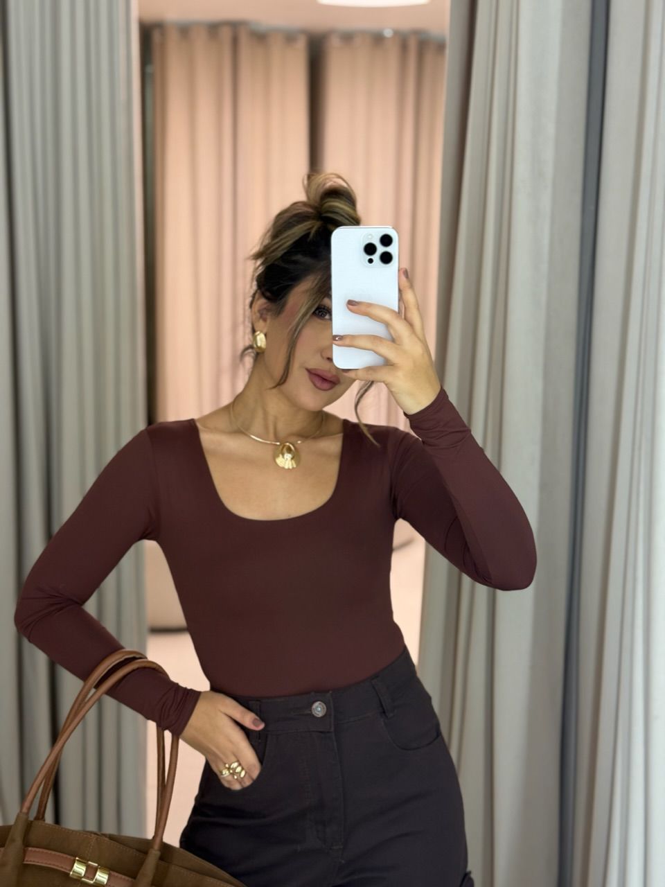 BODY GABRIELA CF MANGA LONGA MARROM