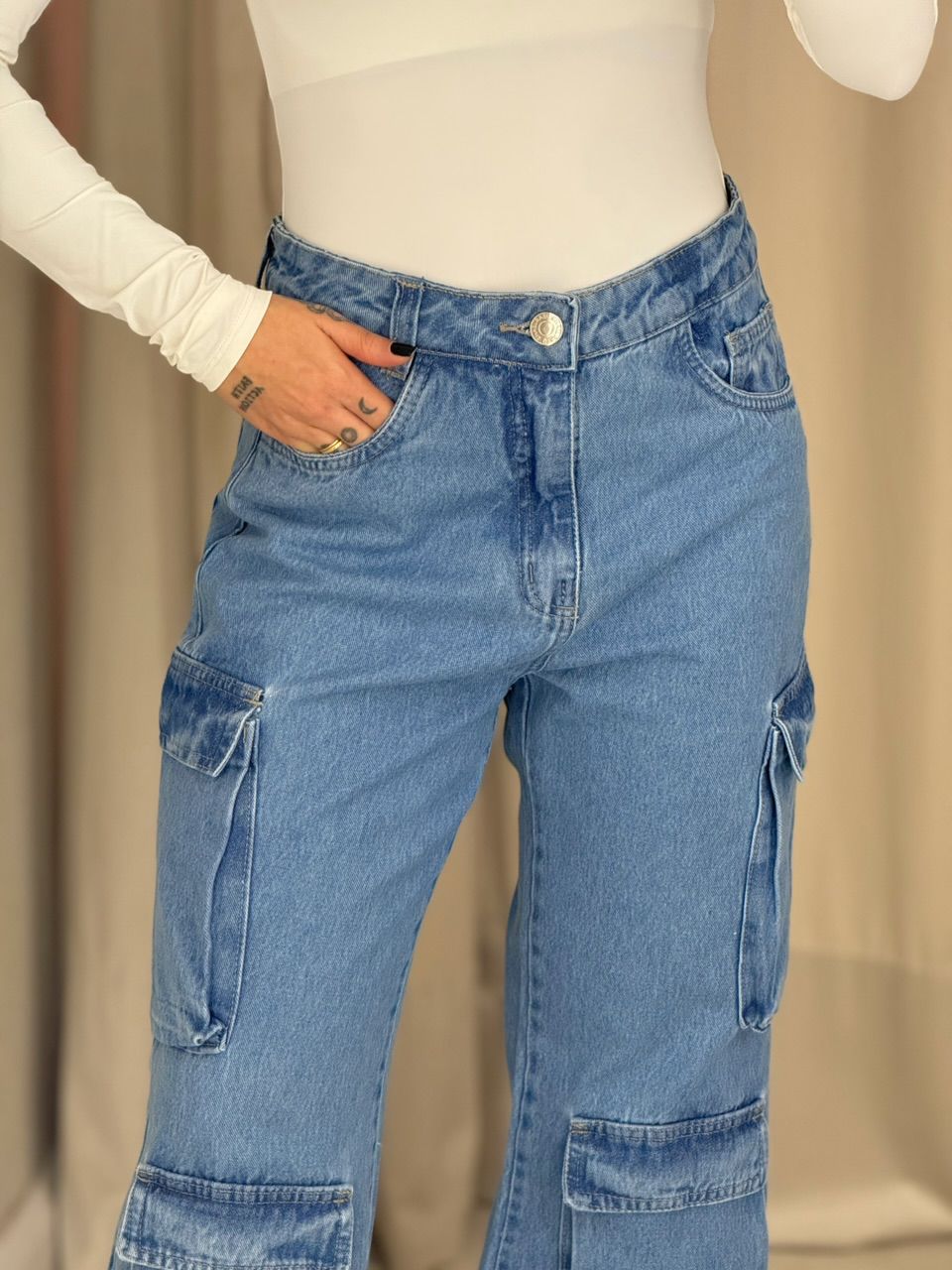 CALÇA TAIS CARGO JEANS MÉDIO