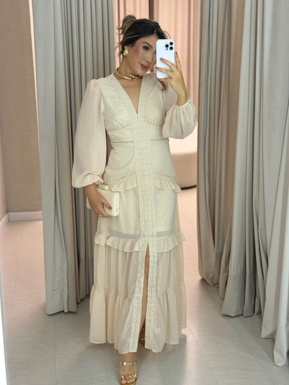 VESTIDO MAGALI LONGO AREIA - 0066410110 - CAROLLA FERRARO