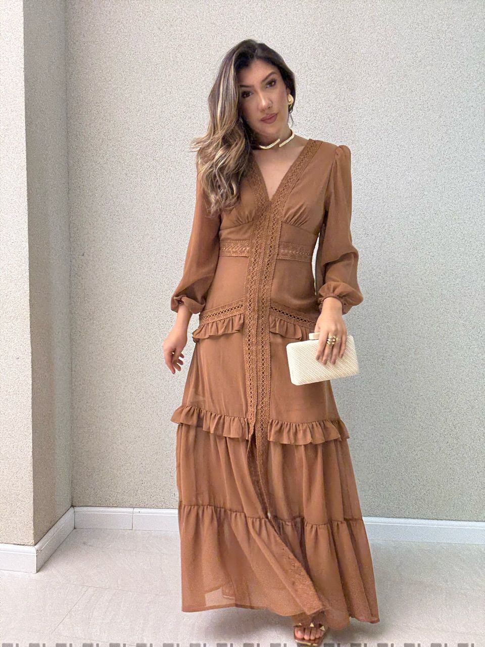 VESTIDO MAGALI LONGO MARROM - 0066410054 - CAROLLA FERRARO