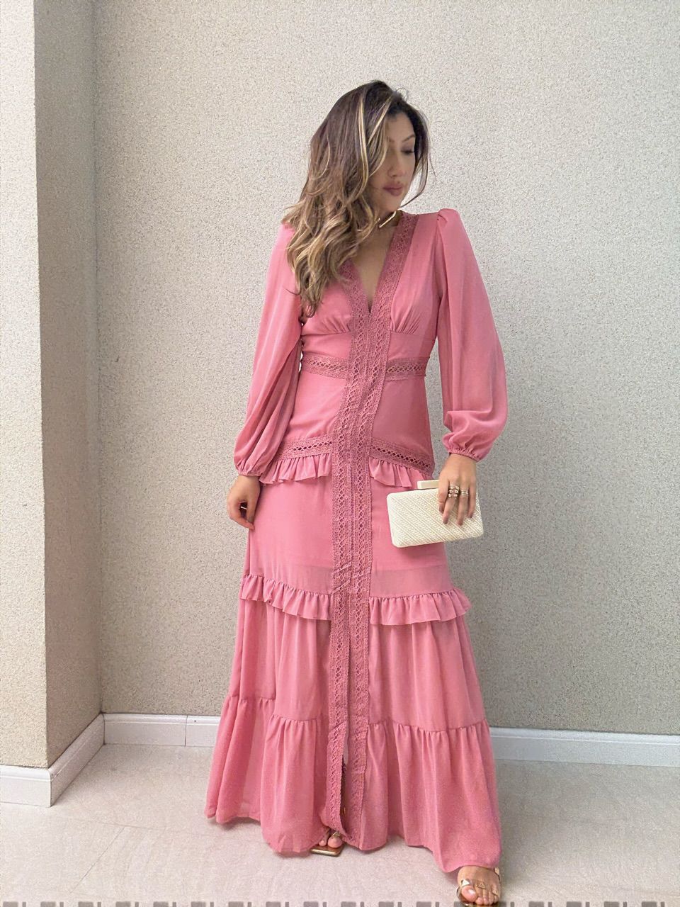 VESTIDO MAGALI LONGO ROSA - 0066410031 - CAROLLA FERRARO