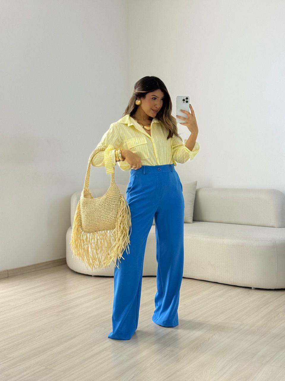 CAMISA BIANCA LISTRADA AMARELA