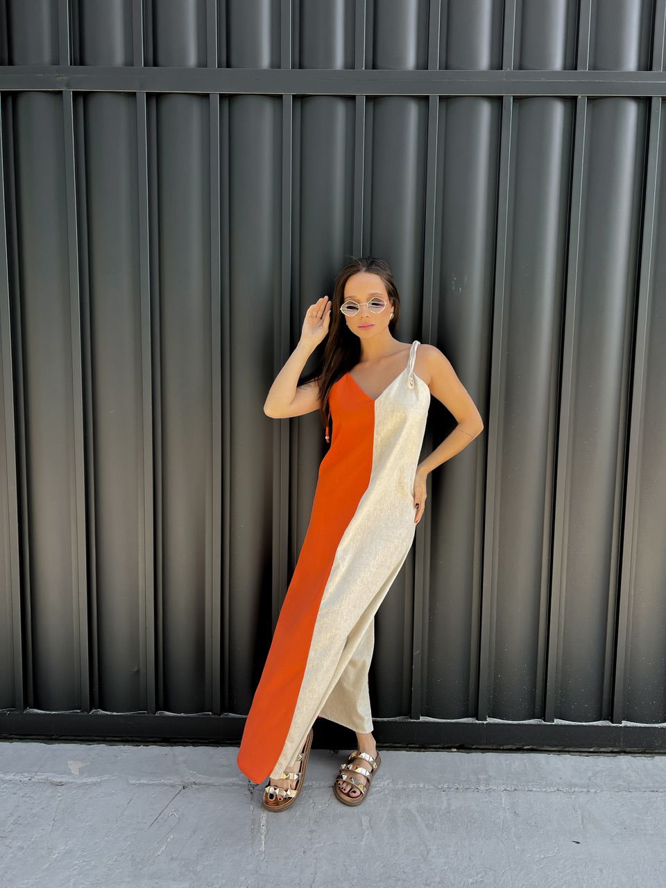 VESTIDO DUAS CORES ALCINHA PALHA/LARANJA