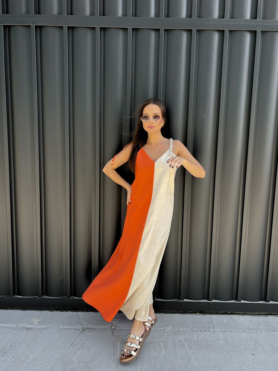 VESTIDO DUAS CORES ALCINHA PALHA/LARANJA
