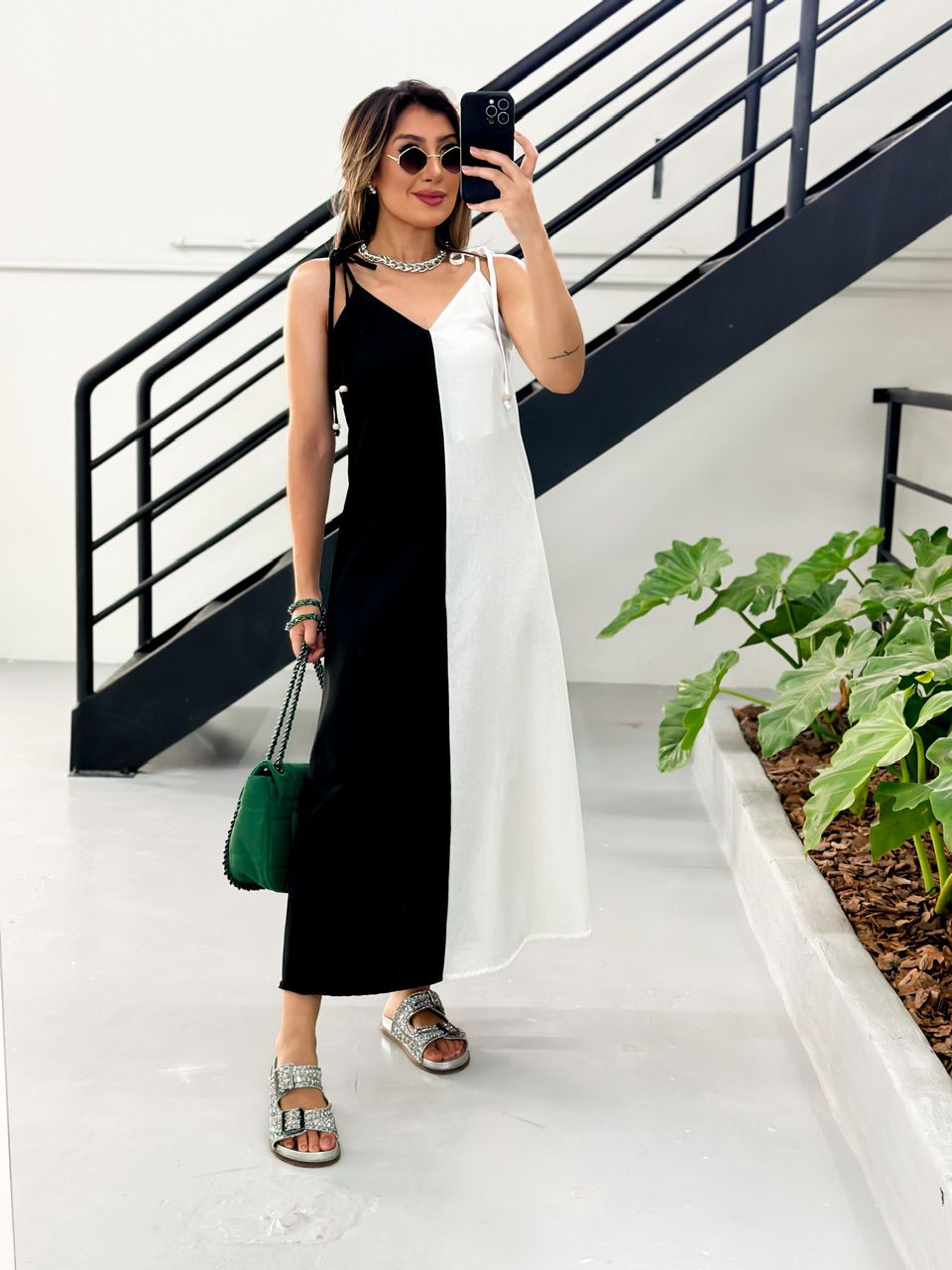 VESTIDO DUAS CORES ALCINHA PRETO/OFF