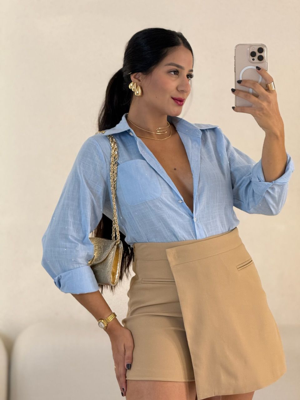 CAMISA BRILHO CROPPED AZUL - 0057280109 - CAROLLA FERRARO